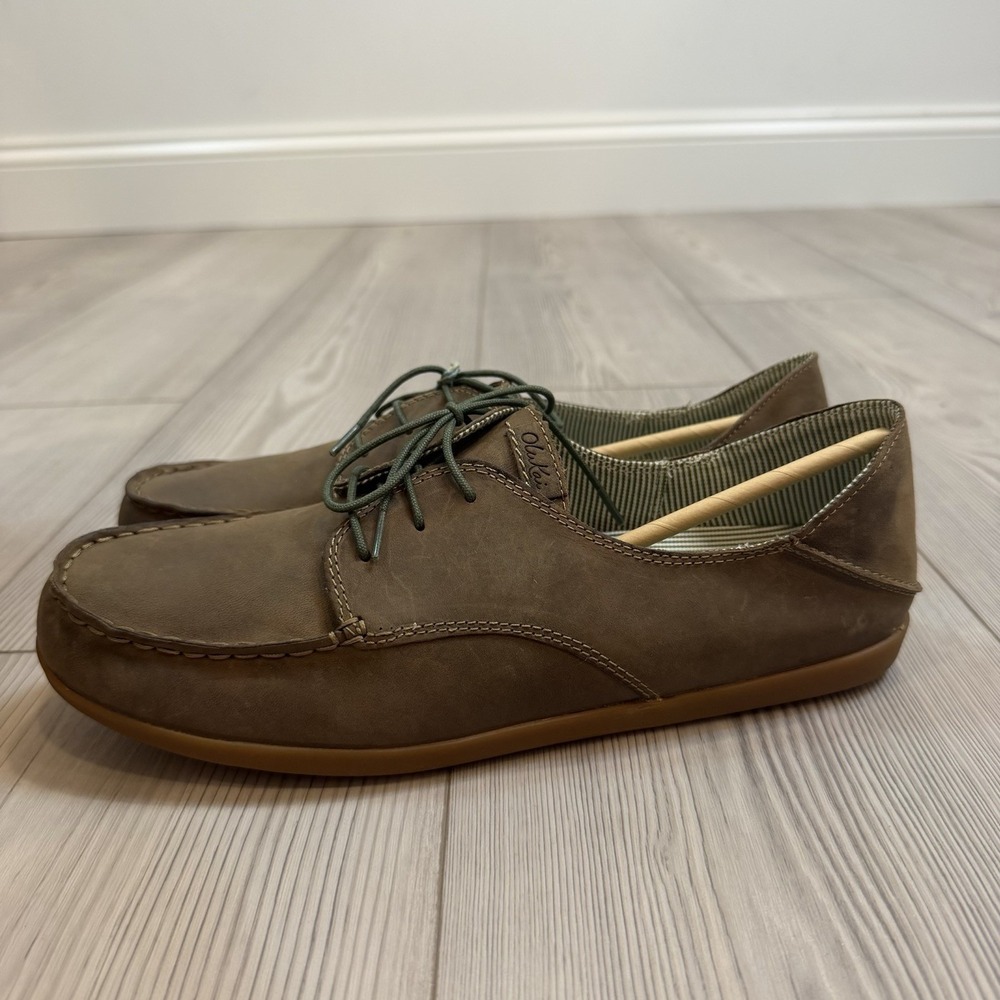 NEW Olukai Heleuma Womens 11 Leather Boat Shoes Black Olive Silt 20208-7A21